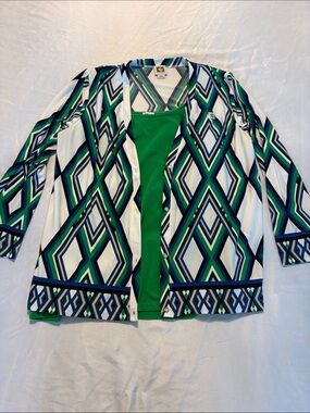 Anne Klein Geometric Cardigan Set with Green Tank Top